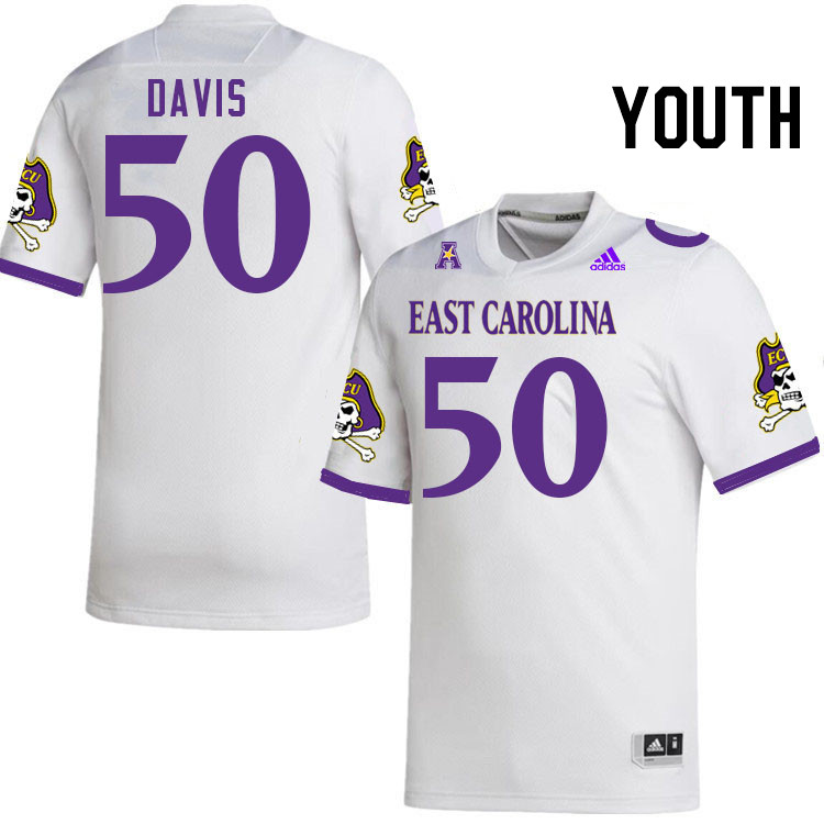 Youth #50 Kieran Davis ECU Pirates College Football Jerseys Stitched Sale-White - Click Image to Close